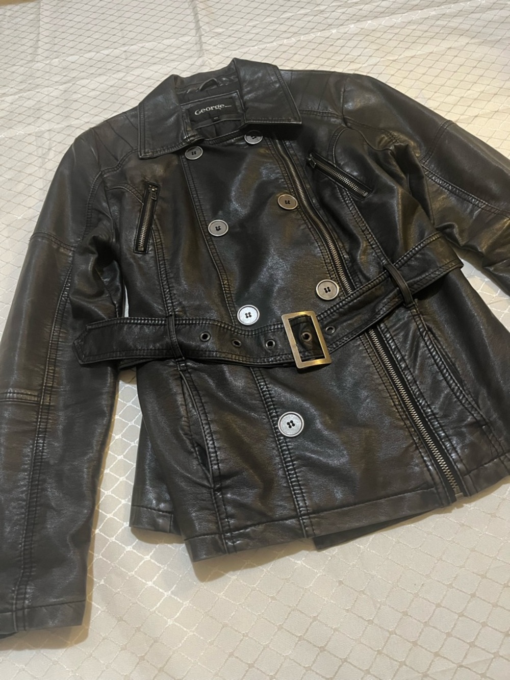 🛍️ $13 ADD-ON | Black & Silver Faux Leather Belted Button Zipper Jacket George - Picture 4 of 16